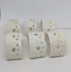 6 Skye McGhie Pretty Porcelain Napkin Rings Cream Lace Cottagecore Tableware